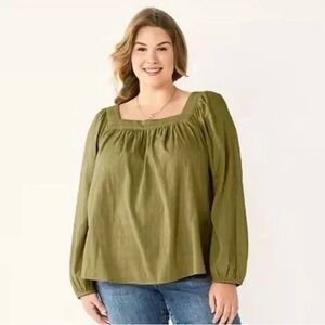 Sonoma size 2X olive green cotton, Gore, long sleeve square neck blouse